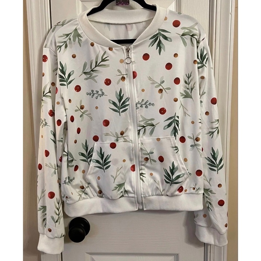 Womens White Botanical Berry Print Zip Up Bomber Jacket XL Holiday Festive Leaf